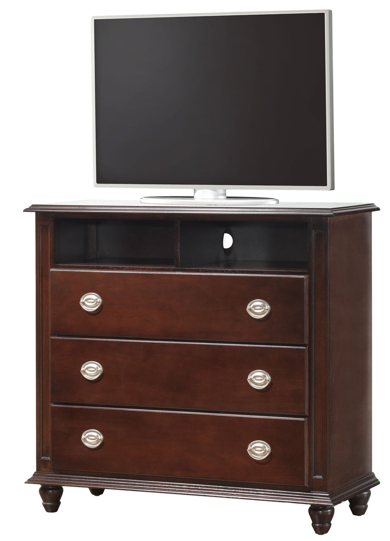 Cappuccino media storage chest from Glory Furniture, accent chest with storage compartments and sleek wood finish.