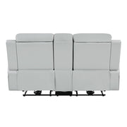 Elonzo - Power Motion Loveseat With Console, LED, Power Headrest & Speaker - Light Gray - R&R Furniture Gallery (Fountain Valley, CA)