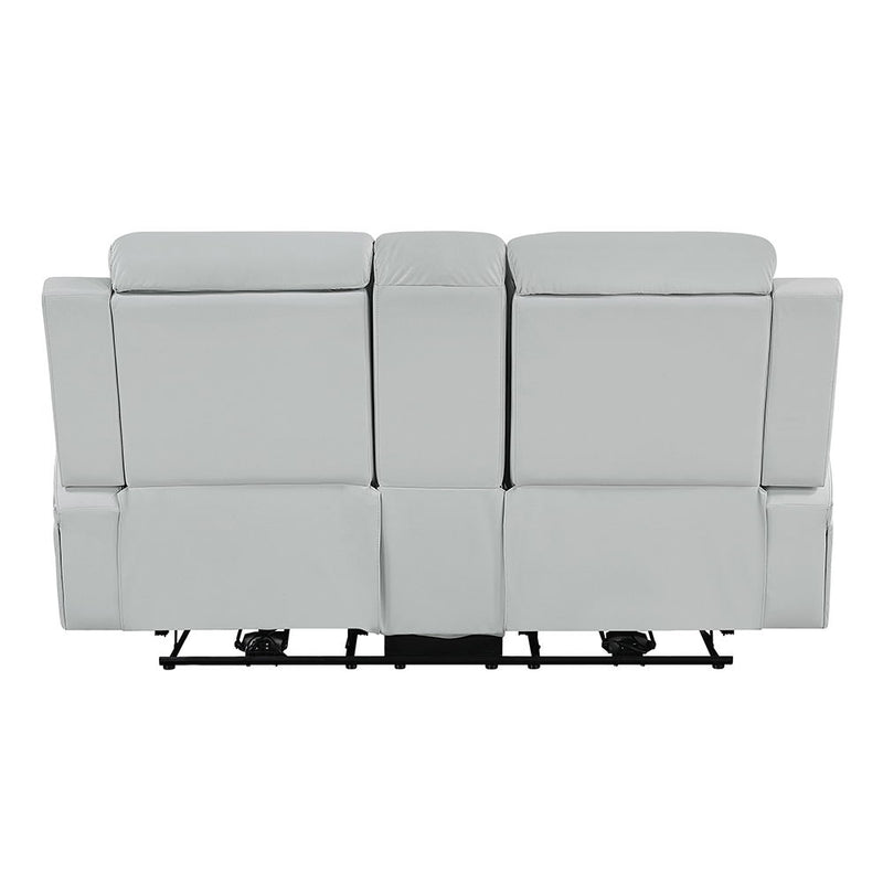 Elonzo - Power Motion Loveseat With Console, LED, Power Headrest & Speaker - Light Gray - R&R Furniture Gallery (Fountain Valley, CA)