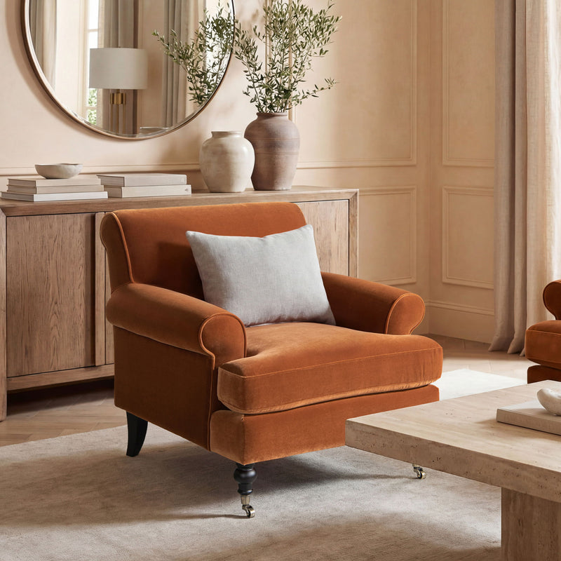 Jennifer Taylor Home Alana Lawson Accent Arm Chair with casters, stylish upholstered seating with wooden legs and modern design.