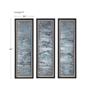 Set of three blue painted metal wall decor art pieces by Uttermost, featuring ocean-inspired wave designs for coastal interior decor.