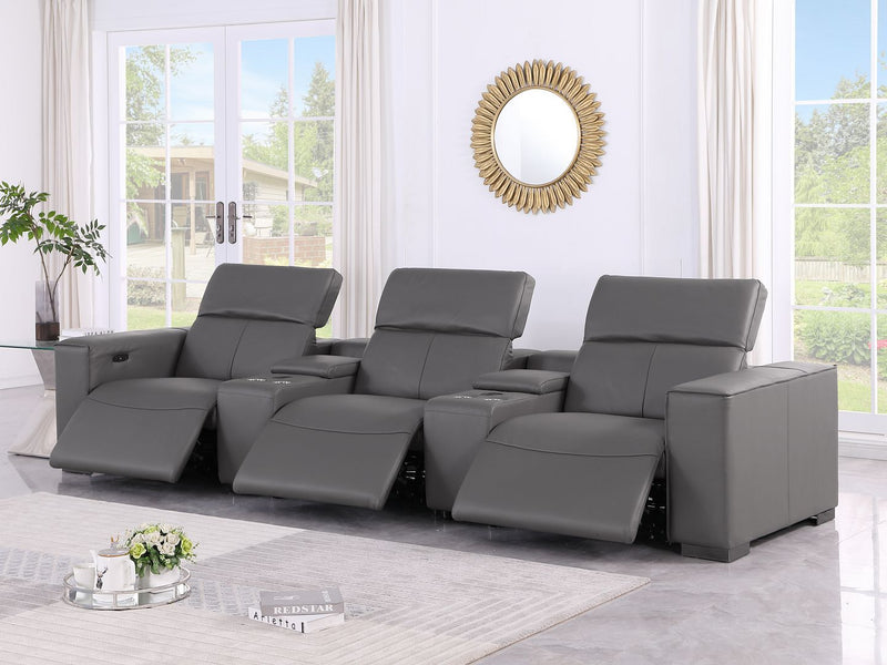 1208 - Leather Sofa With 3 Power Recliners And Two Storage Consoles
