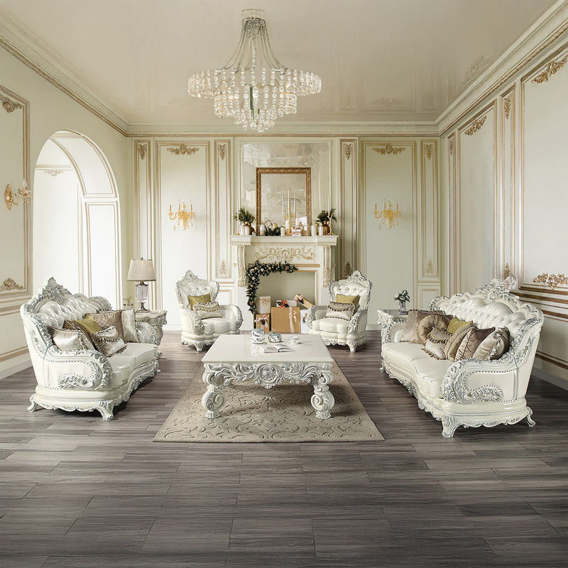 Adara - Chair With 2 Pillows - Pearl White Synthetic Leather & Antique White