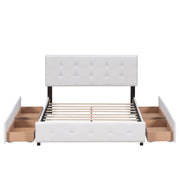 DreamHaus upholstered platform storage bed with classic headboard and built-in drawers, no box spring needed, in a modern bedroom setting.