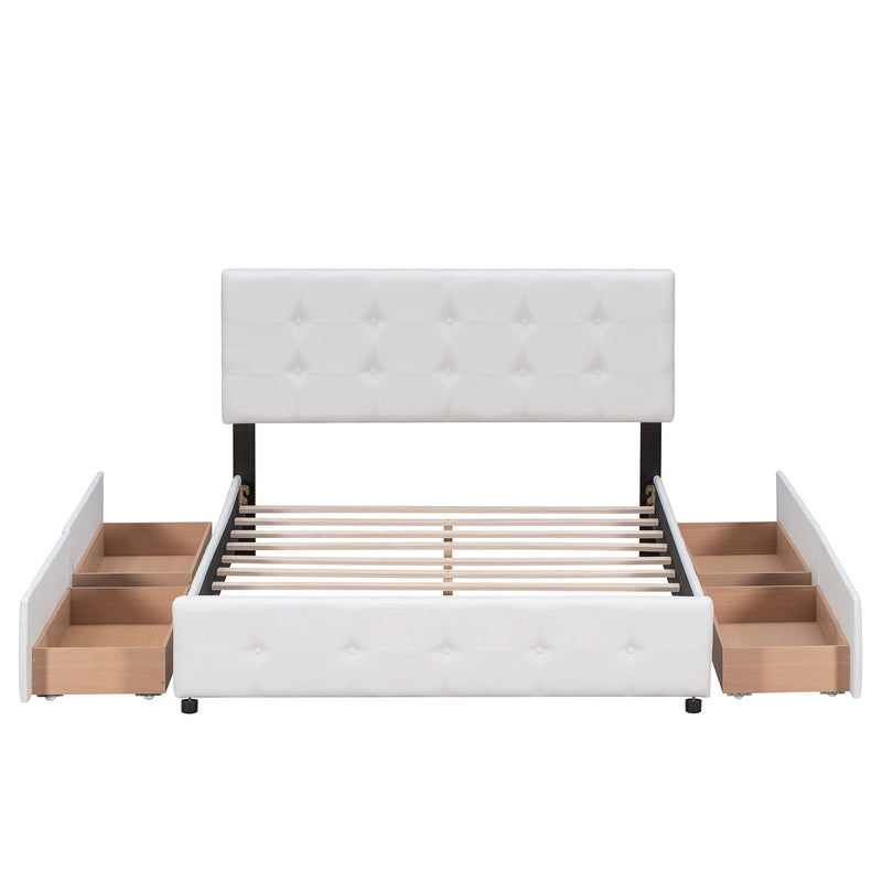 DreamHaus upholstered platform storage bed with classic headboard and built-in drawers, no box spring needed, in a modern bedroom setting.