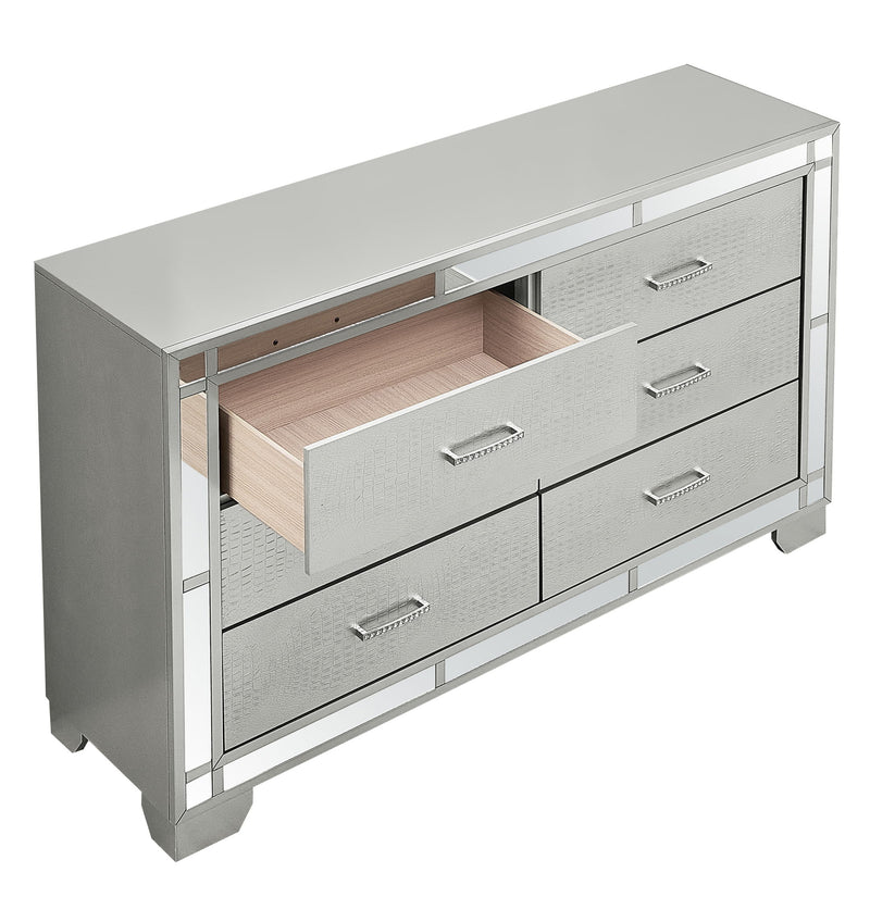 Silver champagne Madison dresser by Glory Furniture with sleek drawers and modern design, showcasing elegant bedroom storage.