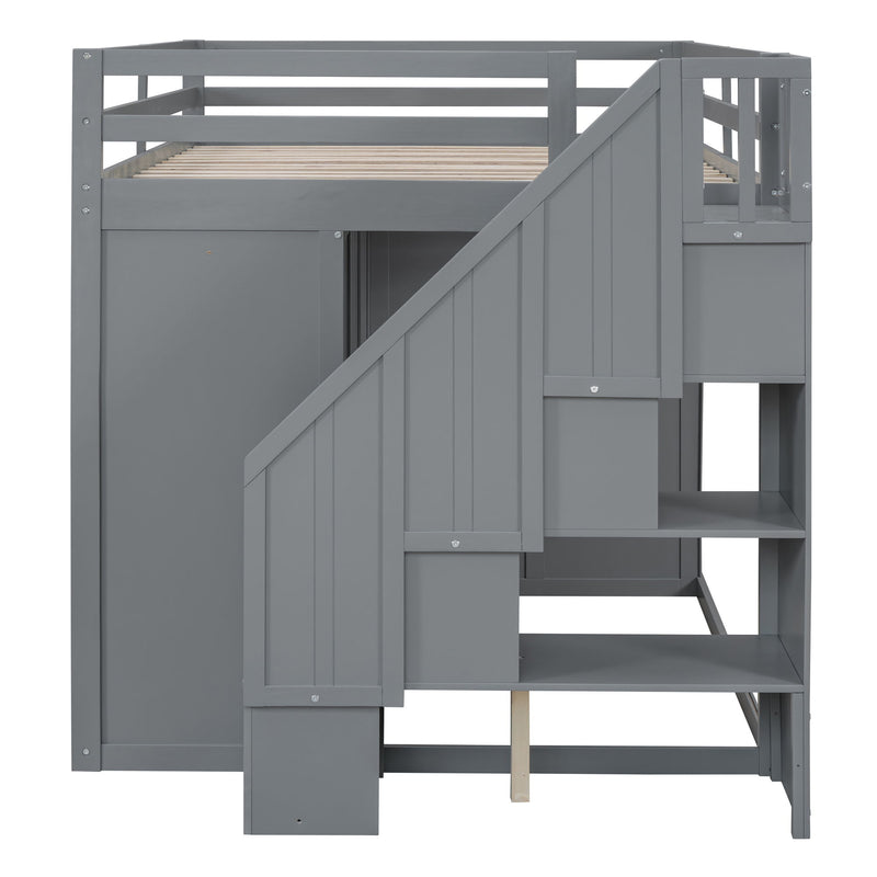 DreamHaus loft bed with integrated wardrobes, cabinets, and drawers, featuring a sturdy wooden frame and space-saving design.