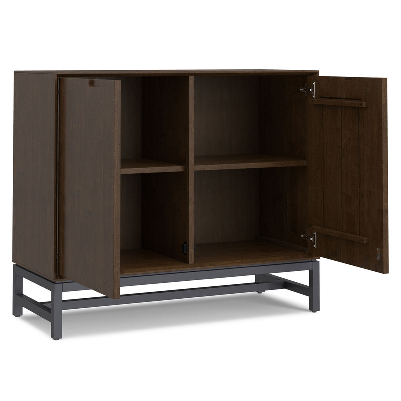 Simpli-Home Banting solid wood sideboard buffet with metal frame, modern industrial dining room storage furniture.