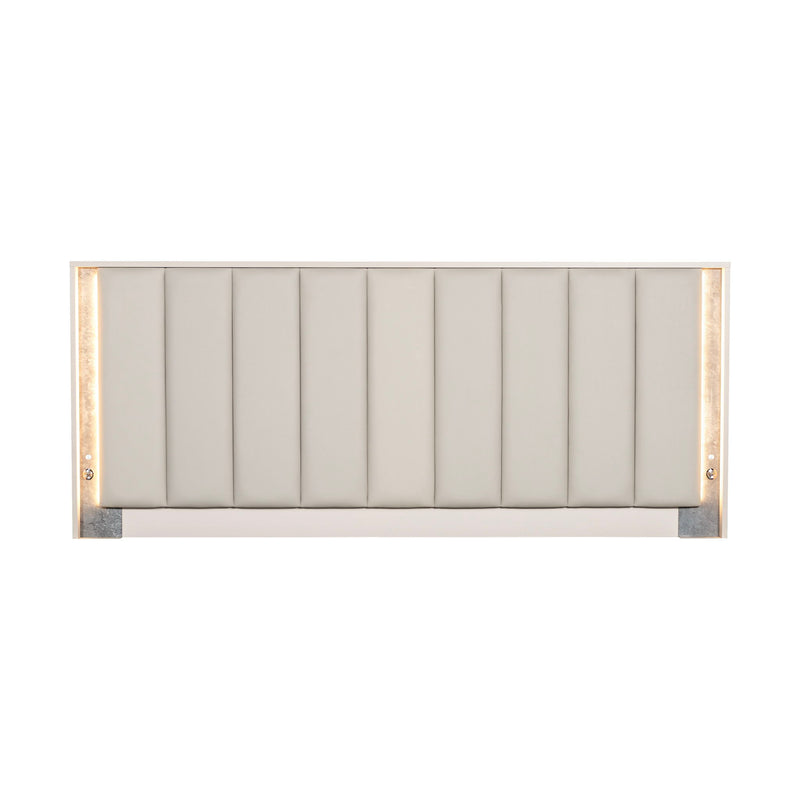 Michael Amini Pavira upholstered bed with LED lights, showcasing a luxurious fabric headboard and integrated ambient lighting.
