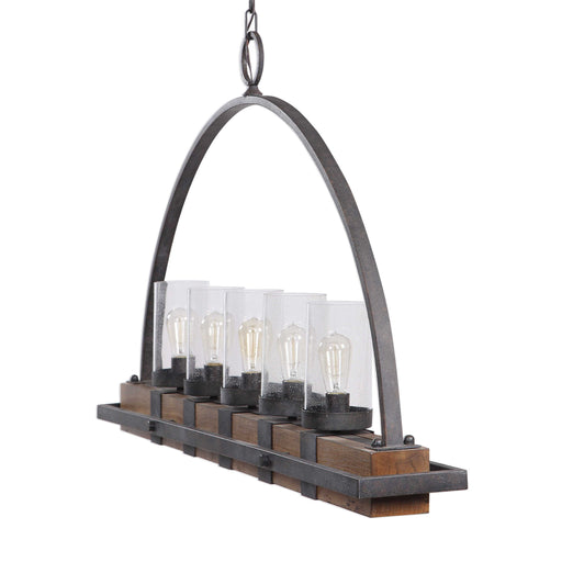 Uttermost Atwood 5-light rustic linear pendant chandelier with light brown finish and modern farmhouse style.