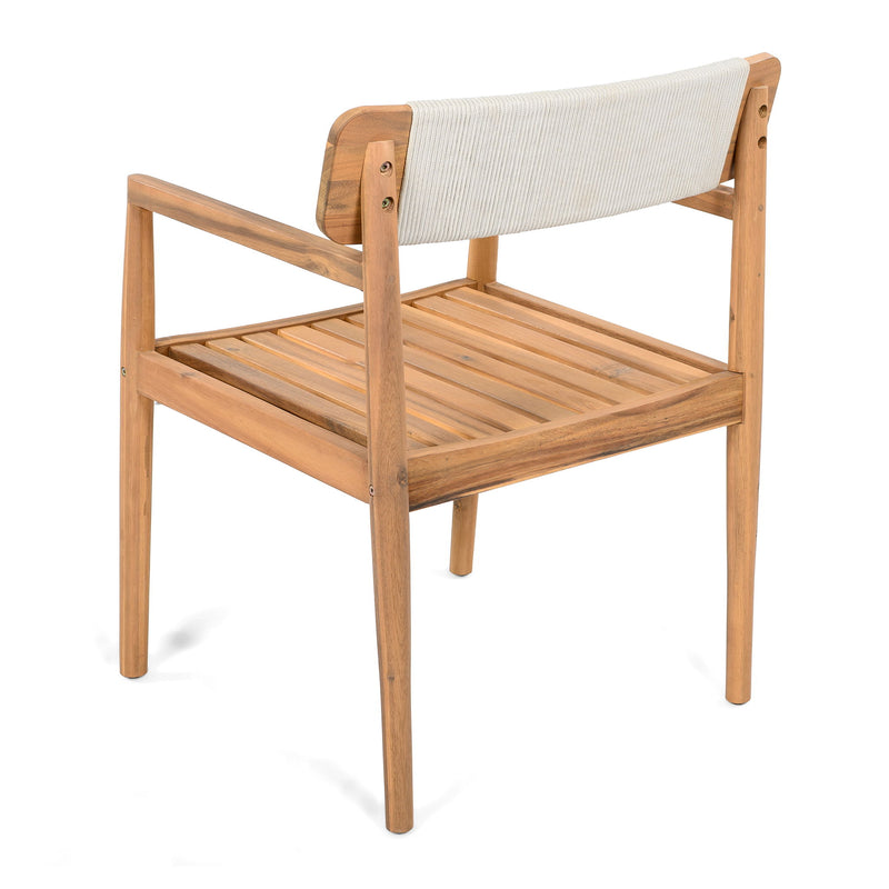 Creative Braided Acacia Wood Outdoor Dining Table And Chairs With Armrests (Set of 2) - Teak / White - R&R Furniture Gallery (Fountain Valley, CA)
