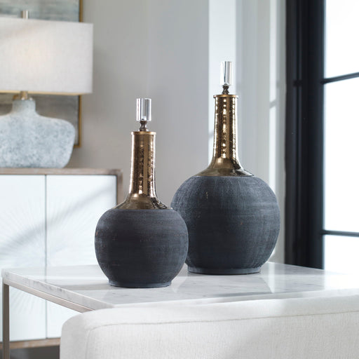 Pair of black matte vases from Uttermost's Arnav set, featuring sleek, modern design for decorative display.