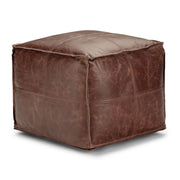 Simpli-Home Sheffield handcrafted square accent pouf with neutral fabric, versatile seating or footrest for living room decor.