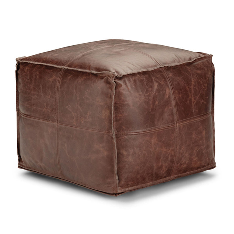 Simpli-Home Sheffield handcrafted square accent pouf with neutral fabric, versatile seating or footrest for living room decor.