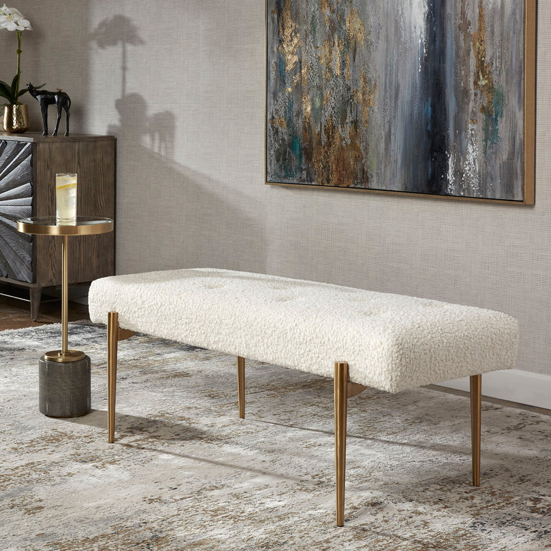 Uttermost Olivier accent bench with plush upholstered seat and wooden legs, perfect for entryway or living room decor.