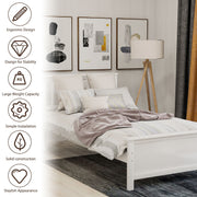 DreamHaus platform bed with headboard, footboard, and wood slat support, showcasing sturdy wooden design and modern style.