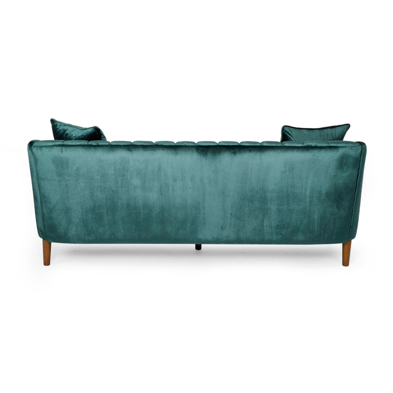 Contemporary Noble House 3-seater sofa with accent pillows, stationary design, beige fabric, and modern style in a living room setting.