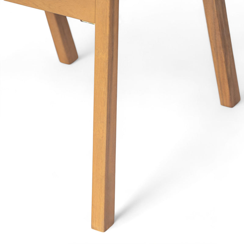 Set of two Noble House Belfast dining chairs with acacia wood frames and cushioned seats, showcasing modern, natural wood design.