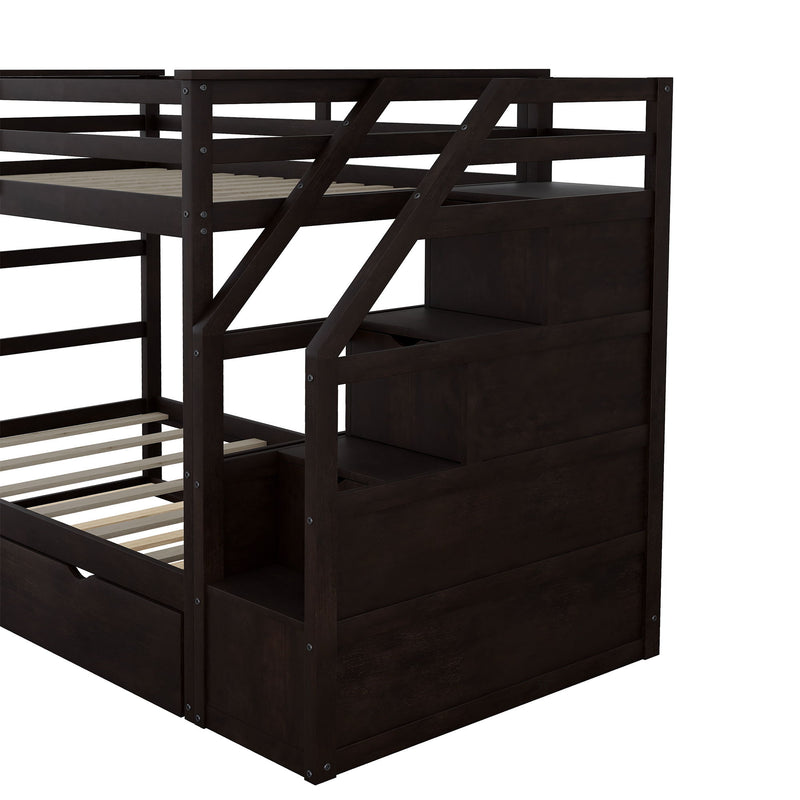 Twin Over Twin Bunk Bed With Twin Size Trundle And 3 Storage Stairs - Espresso - R&R Furniture Gallery (Fountain Valley, CA)