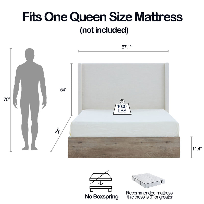 Shelton - Queen Upholstered Wingback Bed With 54" High Headboard - Ivory / Light Gray / Camel Oak - R&R Furniture Gallery (Fountain Valley, CA)