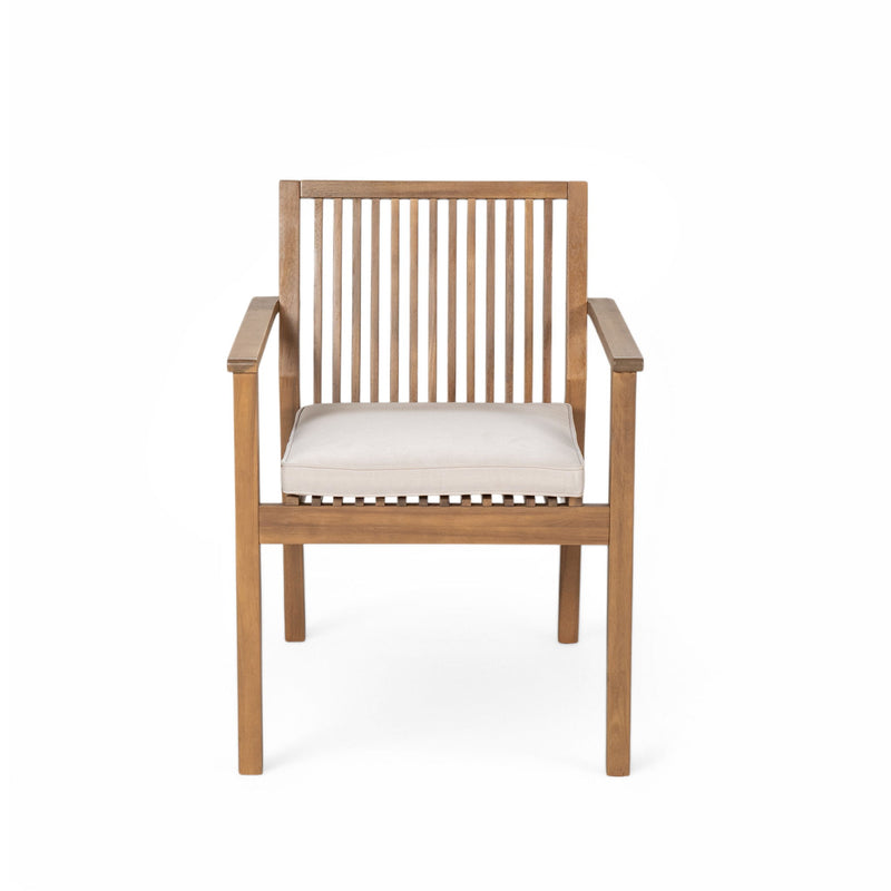Noble House 5-piece outdoor patio furniture set with acacia wood table and four cushioned chairs, ideal for outdoor dining.