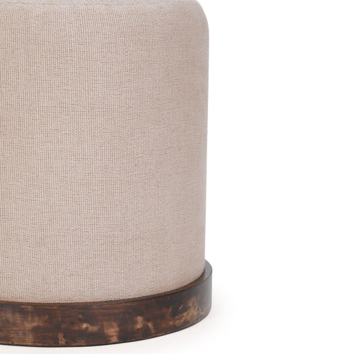 TOV Furniture Como Burl and Cotton Jute Accent Stool in peach with a woven design and wooden legs.