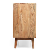 Boho handcrafted natural wood sideboard with 3 doors, carved texture, and artisanal charm by Noble House.