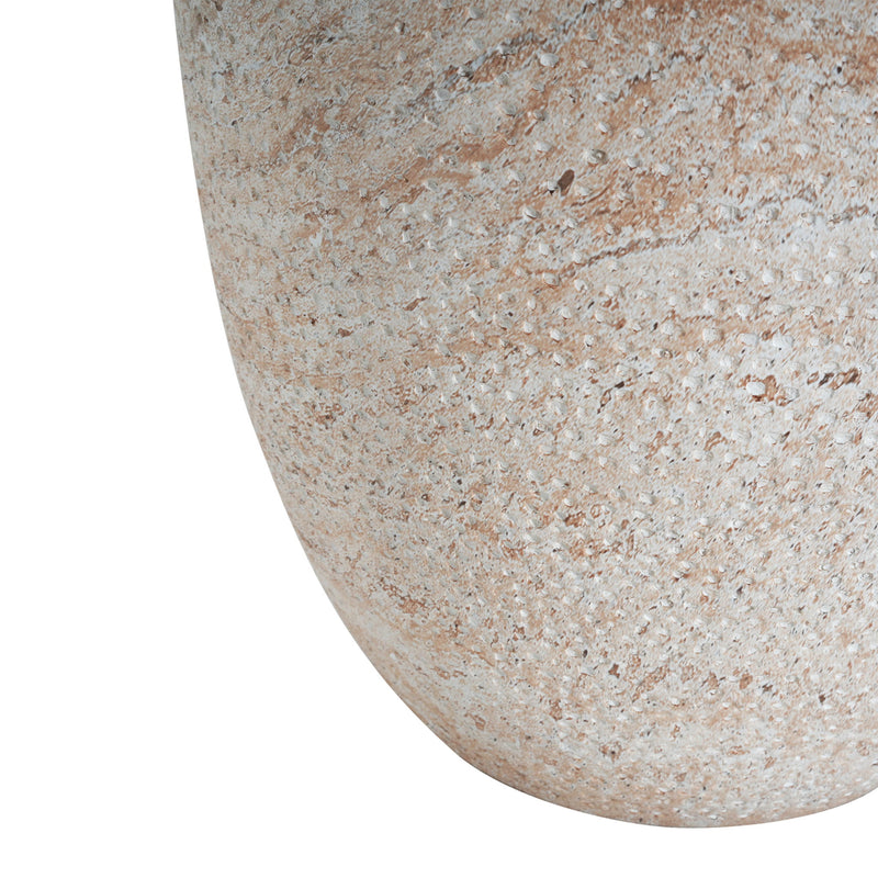 Noble House beige concrete side table with travertine surface, suitable for indoor or outdoor use, lightweight and stylish design.
