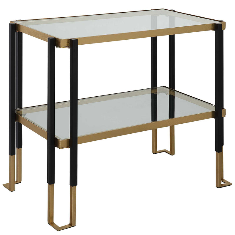 Uttermost Kentmore glass console table with sleek clear glass top and modern metal frame, stylish for entryways or living rooms.