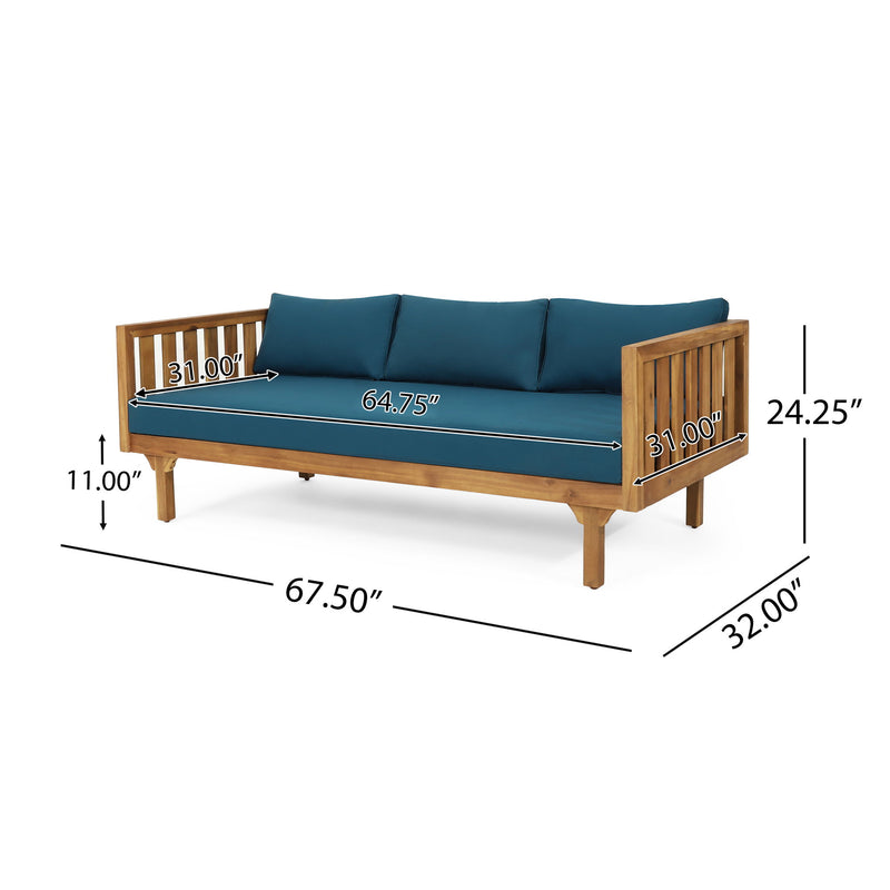 Noble House Claremont 3-seater teak acacia wood daybed sofa with water-resistant cushions, outdoor seating for relaxing spaces