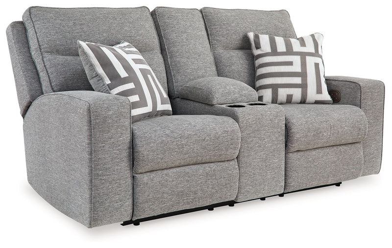 Biscoe - Power Reclining Loveseat With Console /Adj Headrest - Pewter - R&R Furniture Gallery (Fountain Valley, CA)