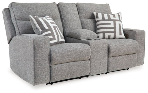 Biscoe - Power Reclining Loveseat With Console /Adj Headrest - Pewter - R&R Furniture Gallery (Fountain Valley, CA)