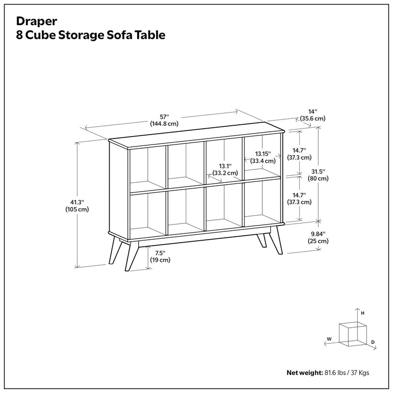 Simpli-Home Draper handcrafted low bookcase with cube organizers, featuring multiple open compartments for storage and display.