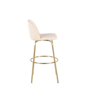 Lumi Source Toriano fixed height barstool set with swivel, round footrest, modern design, black upholstery, and metal base.