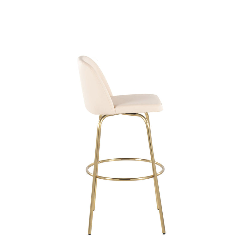 Lumi Source Toriano fixed height barstool set with swivel, round footrest, modern design, black upholstery, and metal base.