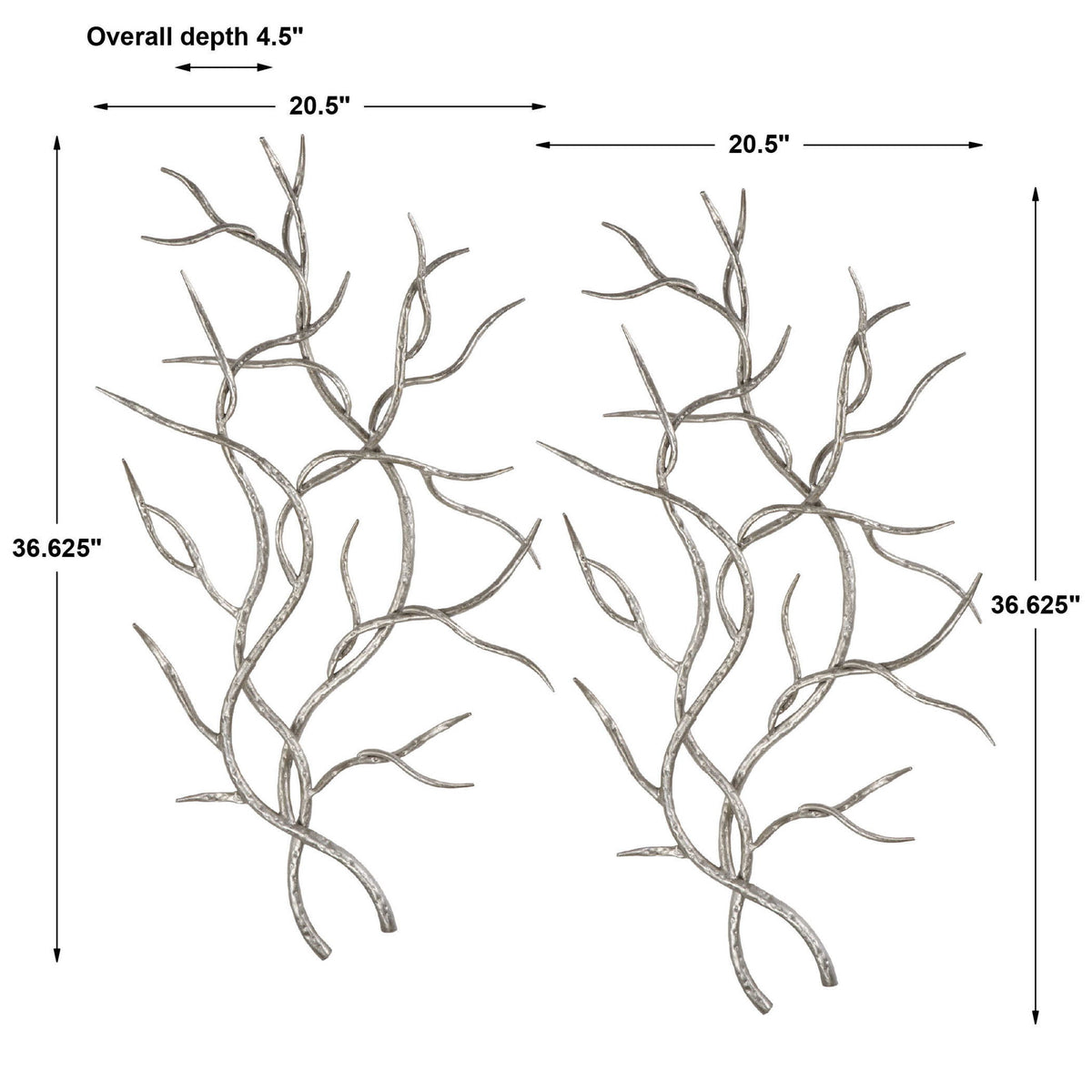Set of two pearl silver wall decor pieces featuring silver branches by Uttermost, ideal for modern interior decoration.