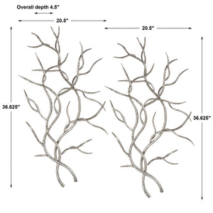 Set of two pearl silver wall decor pieces featuring silver branches by Uttermost, ideal for modern interior decoration.