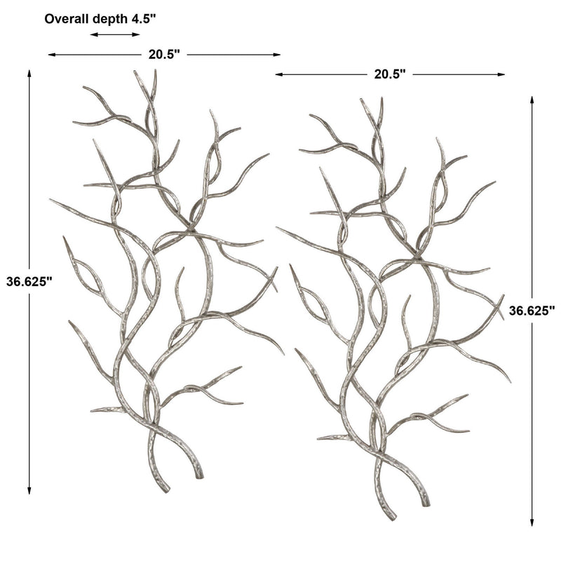 Set of two pearl silver wall decor pieces featuring silver branches by Uttermost, ideal for modern interior decoration.