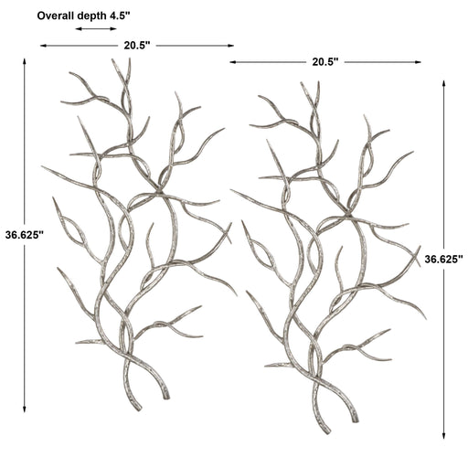 Set of two pearl silver wall decor pieces featuring silver branches by Uttermost, ideal for modern interior decoration.