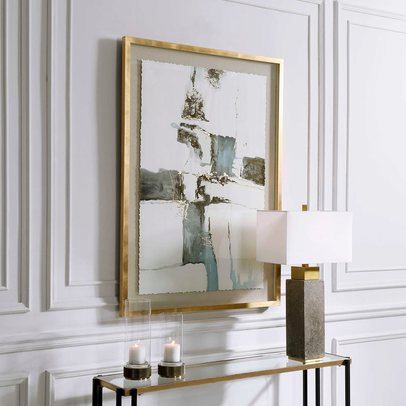 Abstract gold canvas art titled "Crosswalk" by Uttermost, featuring bold gold and black brushstrokes on textured canvas.