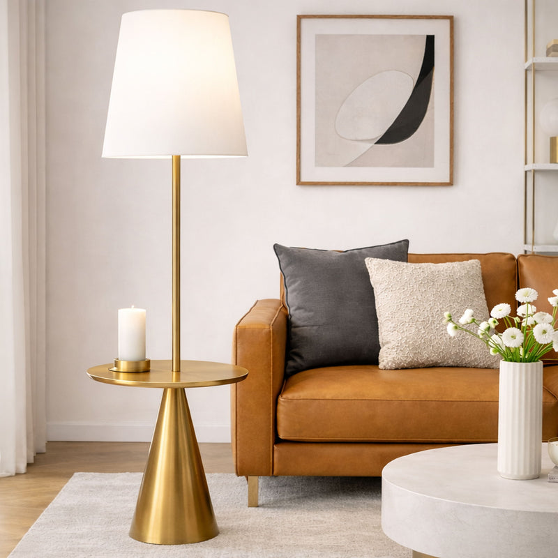 Celestial - Modern Floor Lamp With Accent Table With Large Shade - Gold / White - R&R Furniture Gallery (Fountain Valley, CA)