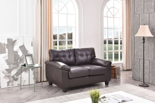 Glory Furniture Gallant stationary loveseat with plush fabric upholstery and cushioned armrests, shown in a cozy living room setting.