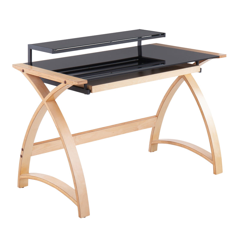 Lumi Source Bentley mid-century modern office desk with lift top, natural wood finish and black accents, sleek and stylish workspace furniture.