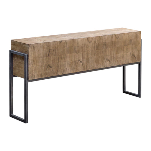 Uttermost Nevis contemporary console table in light brown wood with sleek design and clean lines, ideal for modern entryways.