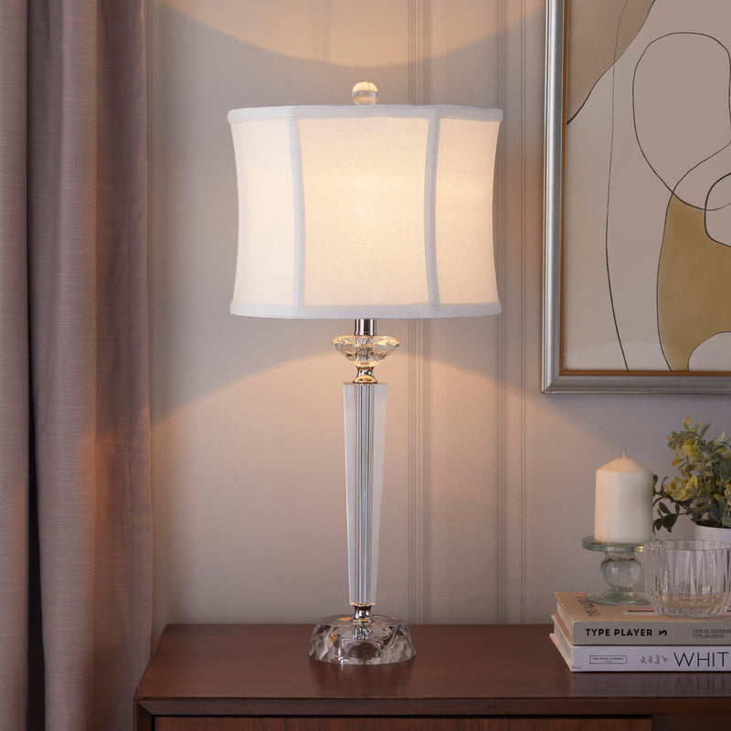 Set of two Lumi Source Diamond Torch contemporary crystal table lamps with clear and off-white shades, polished nickel bases.