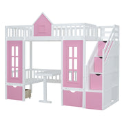 DreamHaus twin over twin bunk bed with changeable table, convertible into upper bed and desk, shown in a modern bedroom setting.