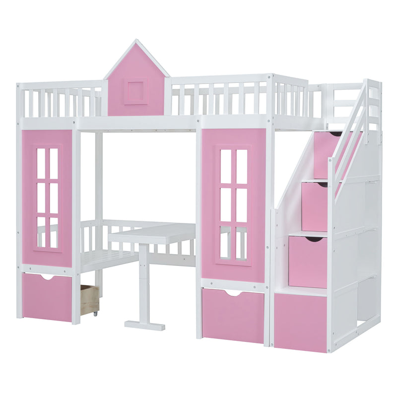 DreamHaus twin over twin bunk bed with changeable table, convertible into upper bed and desk, shown in a modern bedroom setting.