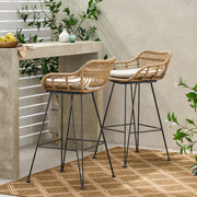 Noble House outdoor rattan bar chair with metal legs, part of stool set, featuring a woven rattan seat and sturdy metal frame.