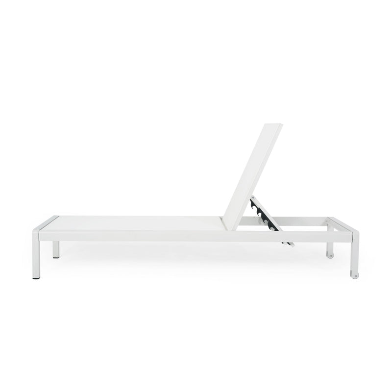 Noble House outdoor patio chaise lounge with five reclining positions, featuring cushioned seating and adjustable backrest.
