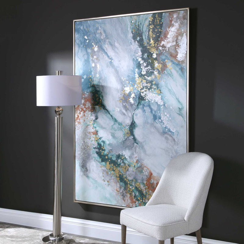 Abstract blue Mercury Hand canvas art by Uttermost featuring bold, modern design and intricate details on a textured surface.